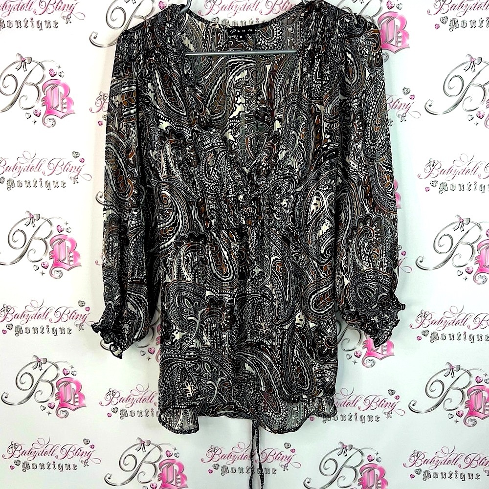 Plum blouse Paisley Print ruffle smocked tie up shiny shimmer long sleeve  Top